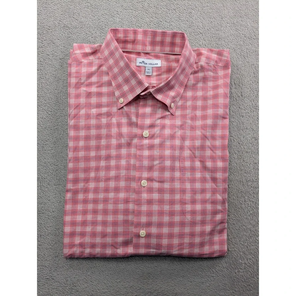 Peter Millar Mens XL Pink Plaid Cotton Stretch Button Down Shirt Long Sleeve